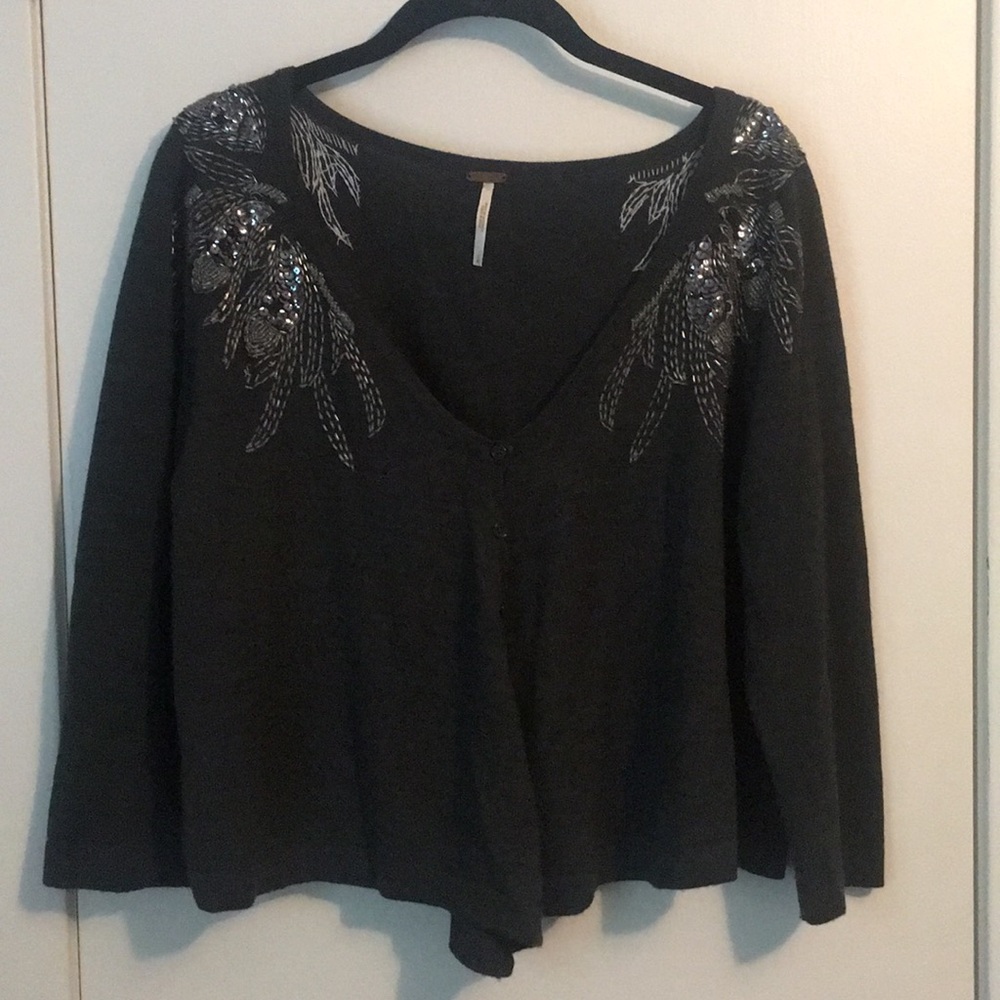 Free People Charcoal Grey Cardigan w/ beading